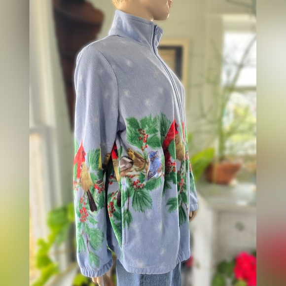 VNTG Blair Women's Blue Zip Fleece Winter Cardinal Jacket Sz Med Christmas Birds - Picture 2 of 6